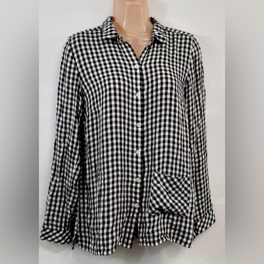 J-JILL Women’s Black & White Gingham Button-Down LS Too Shirt Blouse Size M